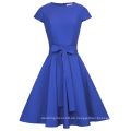 Belle Poque Retro Vintage Cap Ärmel Rundhals Blau 50er Rockabilly Swing Party Kleid BP000361-3